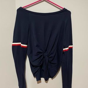 Tie Loose Fitted Blue Long-sleeve Shirt Striped Sleeves